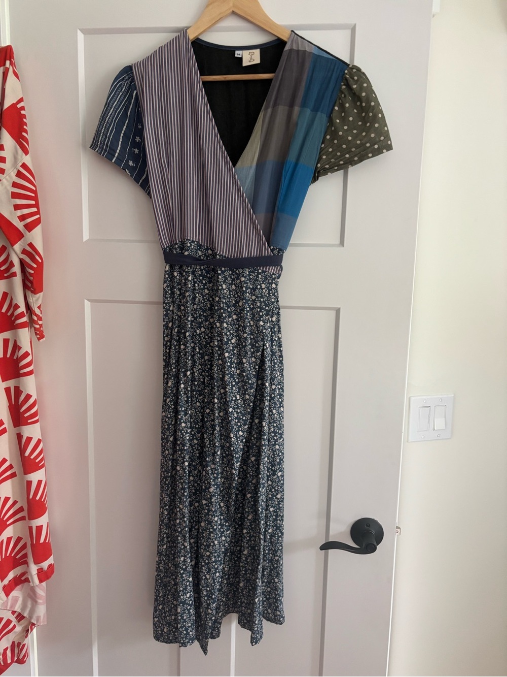 Patchwork Blue Mixed-Print Wrap Maxi Dress